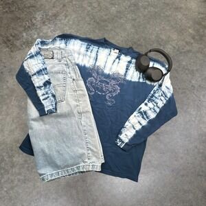 Extreme Limit Vintage Y2K Dragon Graphic Tie Dye Long Sleeve Shirt Mens‎ XL Blue